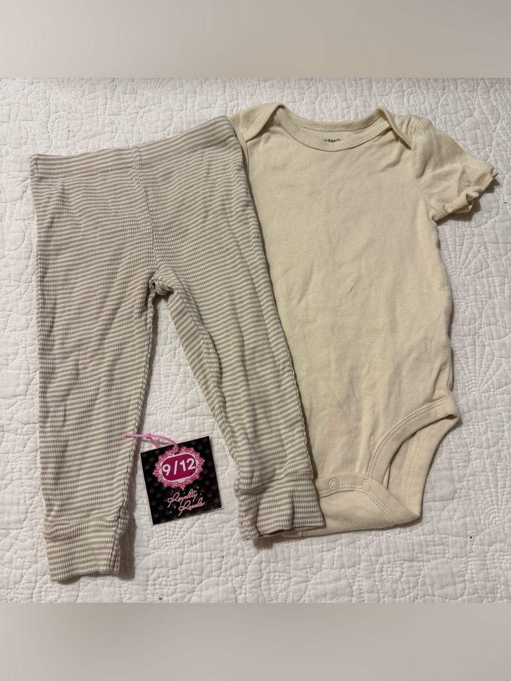 Cream Neutral Baby One-Piece & Ribbed Pants Set